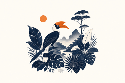 Illustration of a hornbill perched among rainforest leaves with distant hills
