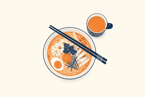 Illustration of a bowl of Sarawak laksa with chopsticks and a cup of tea