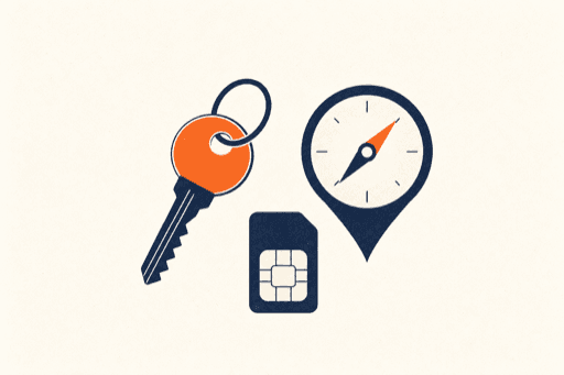 Illustration of a key, SIM card, and compass pin marker