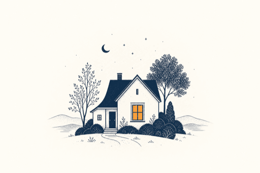 Illustration of a small home with a warmly lit window at night