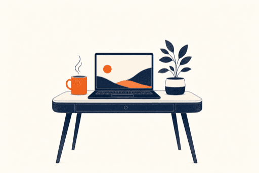 Illustration of a laptop, coffee mug, and plant on a small desk