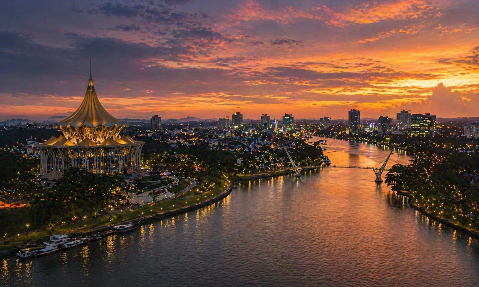 Kuching skyline at sunset along the Sarawak River