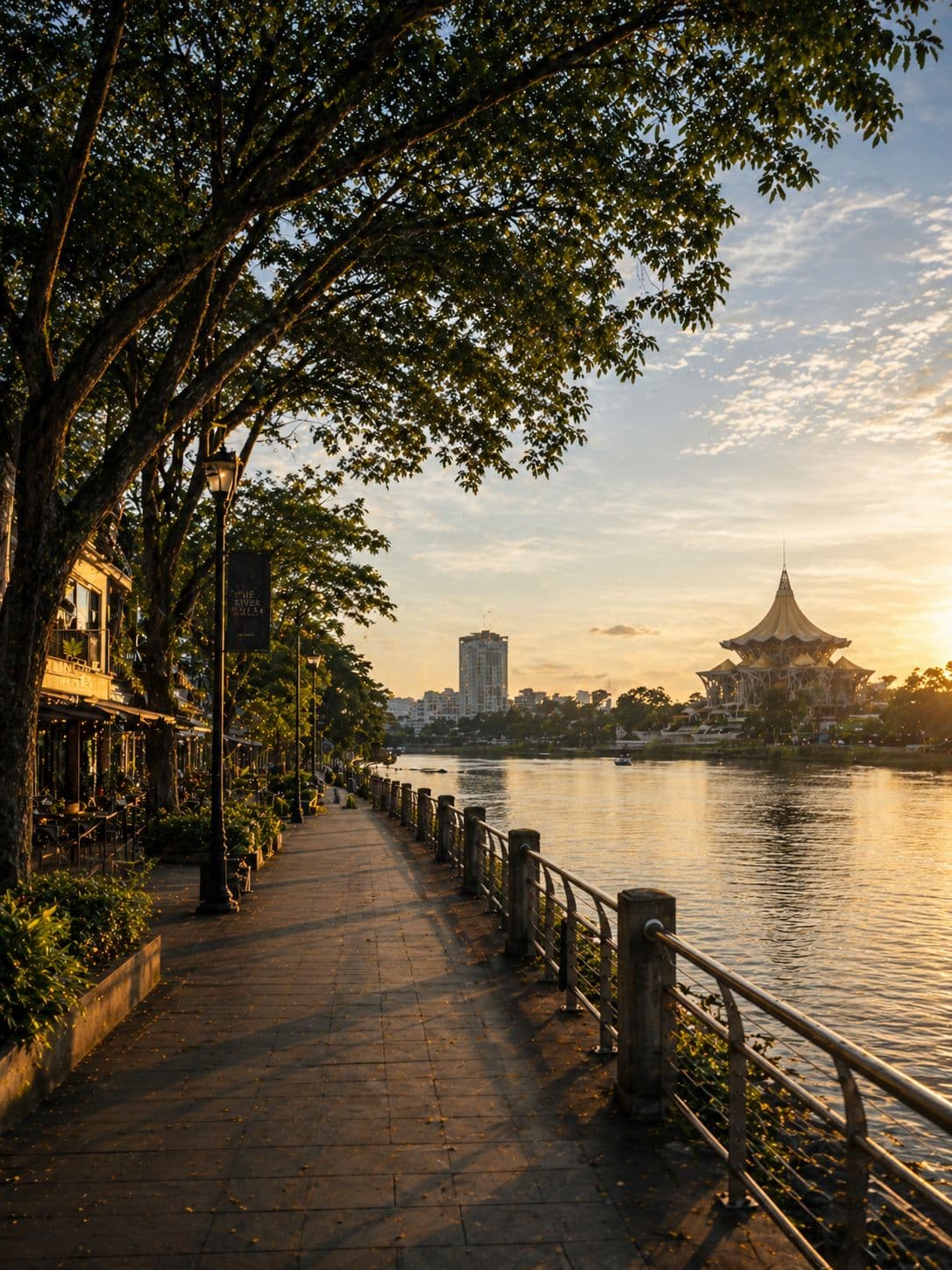 Sarawak River waterfront walkway at sunset